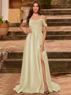 A-Line/Princess Cold Shoulder Short Sleeves Rhinestone Prom Dresses — view 33