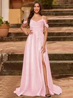 A-Line/Princess Cold Shoulder Short Sleeves Rhinestone Prom Dresses — view 34