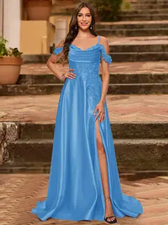 A-Line/Princess Cold Shoulder Short Sleeves Rhinestone Prom Dresses — view 36