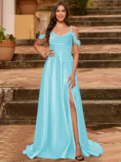 A-Line/Princess Cold Shoulder Short Sleeves Rhinestone Prom Dresses — view 37