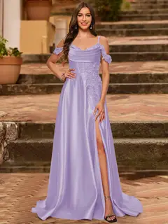A-Line/Princess Cold Shoulder Short Sleeves Rhinestone Prom Dresses — view 38