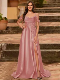 A-Line/Princess Cold Shoulder Short Sleeves Rhinestone Prom Dresses — view 39