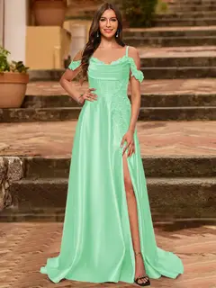 A-Line/Princess Cold Shoulder Short Sleeves Rhinestone Prom Dresses — view 41