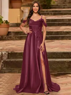 A-Line/Princess Cold Shoulder Short Sleeves Rhinestone Prom Dresses — view 42