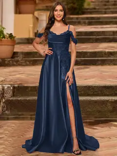 A-Line/Princess Cold Shoulder Short Sleeves Rhinestone Prom Dresses — view 44