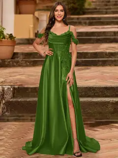 A-Line/Princess Cold Shoulder Short Sleeves Rhinestone Prom Dresses — view 46