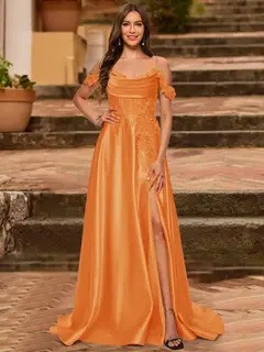 A-Line/Princess Cold Shoulder Short Sleeves Rhinestone Prom Dresses — view 47