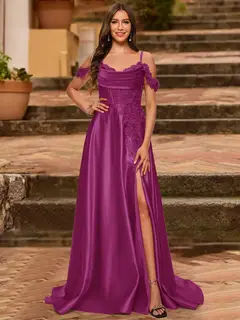 A-Line/Princess Cold Shoulder Short Sleeves Rhinestone Prom Dresses — view 48