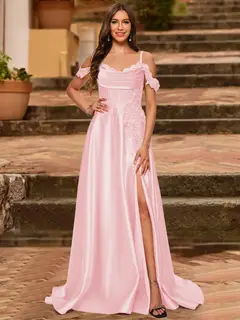 A-Line/Princess Cold Shoulder Short Sleeves Rhinestone Prom Dresses — view 51