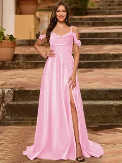 A-Line/Princess Cold Shoulder Short Sleeves Rhinestone Prom Dresses — view 52