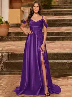 A-Line/Princess Cold Shoulder Short Sleeves Rhinestone Prom Dresses — view 54