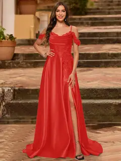 A-Line/Princess Cold Shoulder Short Sleeves Rhinestone Prom Dresses — view 55