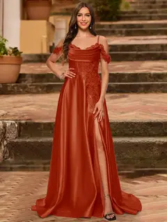 A-Line/Princess Cold Shoulder Short Sleeves Rhinestone Prom Dresses — view 57
