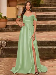 A-Line/Princess Cold Shoulder Short Sleeves Rhinestone Prom Dresses — view 58