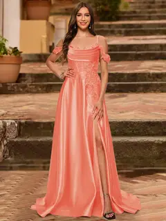 A-Line/Princess Cold Shoulder Short Sleeves Rhinestone Prom Dresses — view 59
