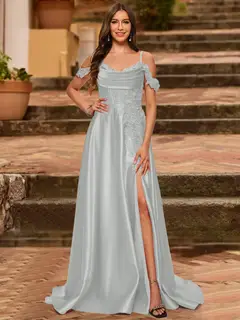 A-Line/Princess Cold Shoulder Short Sleeves Rhinestone Prom Dresses — view 60