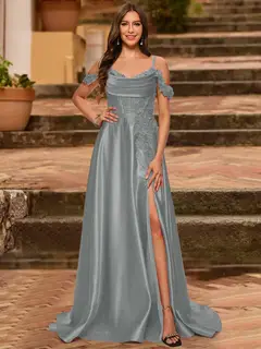 A-Line/Princess Cold Shoulder Short Sleeves Rhinestone Prom Dresses — view 61