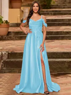 A-Line/Princess Cold Shoulder Short Sleeves Rhinestone Prom Dresses — view 62