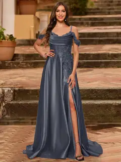 A-Line/Princess Cold Shoulder Short Sleeves Rhinestone Prom Dresses — view 65
