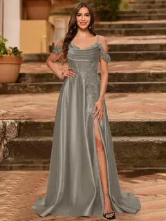 A-Line/Princess Cold Shoulder Short Sleeves Rhinestone Prom Dresses — view 66