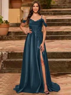 A-Line/Princess Cold Shoulder Short Sleeves Rhinestone Prom Dresses — view 67