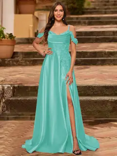 A-Line/Princess Cold Shoulder Short Sleeves Rhinestone Prom Dresses — view 68