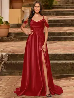 A-Line/Princess Cold Shoulder Short Sleeves Rhinestone Prom Dresses — view 70