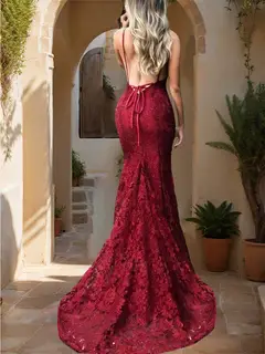 Trumpet/Mermaid V-Neck Sweep Train Prom Dresses With Lace Appliques — view 2