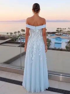 A-Line/Princess Off-The-Shoulder Sleeveless Floor-Length Evening Dresses with 3D Floral & Pleated — LV98096130 — view 2
