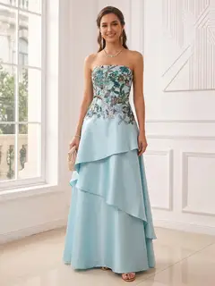 A-Line/Princess Strapless Sleeveless Floor-Length Evening Dresses with Ruffles & Appliques — view 1