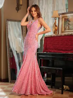 Trumpet/Mermaid V-Neck Sleeveless Ruffles Long Tight Prom Dresses — view 7