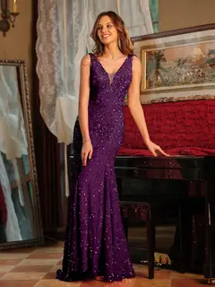 Trumpet/Mermaid V-Neck Sleeveless Ruffles Long Tight Prom Dresses — view 26