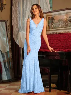 Trumpet/Mermaid V-Neck Sleeveless Ruffles Long Tight Prom Dresses — view 27