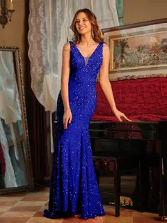 Trumpet/Mermaid V-Neck Sleeveless Ruffles Long Tight Prom Dresses — view 29