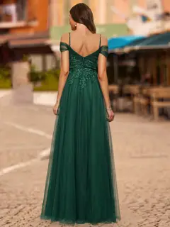 A-Line/Princess Cold Shoulder Short Sleeves Sequins Prom Dresses — view 2