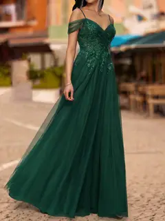 A-Line/Princess Cold Shoulder Short Sleeves Sequins Prom Dresses — view 3