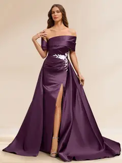 Sheath/Column Off the Shoulder Floor-Length Detachable Evening Dresses with Overskirt & Appliques — view 1