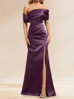 Sheath/Column Off the Shoulder Floor-Length Detachable Evening Dresses with Overskirt & Appliques — view 4