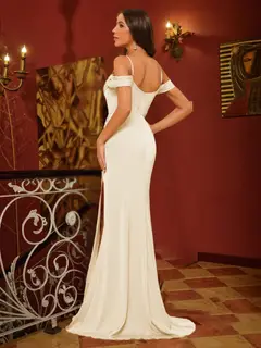 Sheath/Column Off-the-Shoulder Spaghetti Straps Long Evening Dresses with Split Side — view 2