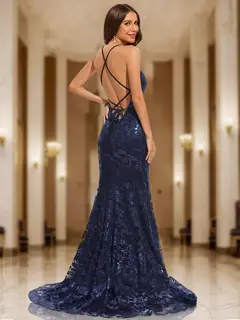 Trumpet/Mermaid V-Neck Sleeveless Sequins Prom Dresses — LV55777282 — view 2
