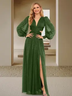 Sexy A-Line/Princess V-Neck Long Sleeves Floor-Length Bridesmaid Dresses with Side Slit — view 1