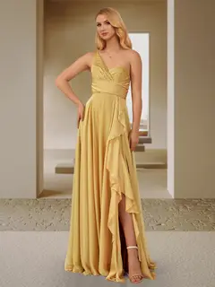 A-Line/Princess One-Shoulder Sleeveless Ruched Bridesmaid Dresses with Side Slit & Ruffles — view 1
