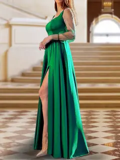 A-Line/Princess Scoop Neck Long Sleeves Evening Dresses with Split Side — view 3