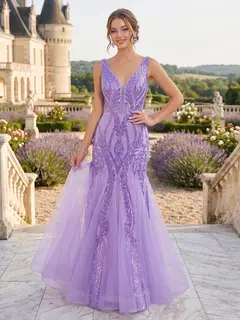 Trumpet/Mermaid V-Neck Sleeveless Sequins Prom Dresses — LV05152514 — view 1