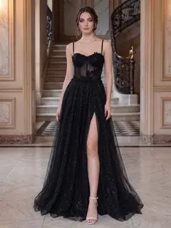 A-Line/Princess Spaghetti Straps Sleeveless Floor-Length Evening Dresses with Applique & Lace — view 1
