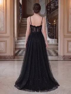 A-Line/Princess Spaghetti Straps Sleeveless Floor-Length Evening Dresses with Applique & Lace — view 2