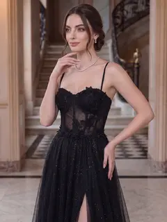 A-Line/Princess Spaghetti Straps Sleeveless Floor-Length Evening Dresses with Applique & Lace — view 3
