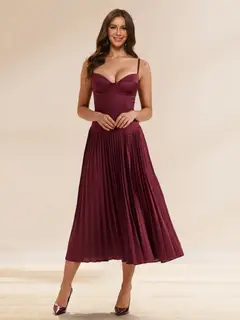A-Line/Princess Spaghetti Straps Sleeveless Tea-Length Prom Dresses with Pleats — view 1