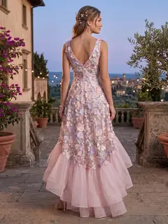 A-Line/Princess V-Neck Sleeveless Asymmetrical Evening Dresses with Ruffles & 3D Floral — view 2