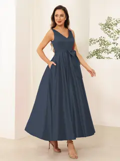 A-Line/Princess V Neck Sleeveless Long Evening Dresses with Bow Knot — view 6